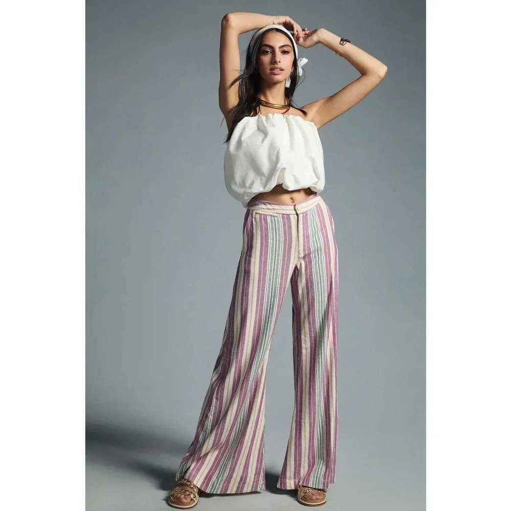 By Anthropologie Women's Wide Flare Leg Linen Striped Naomi Pant Size 0